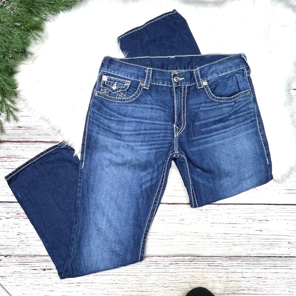 🚫SOLD! 👖|•TRUE RELIGION•| Straight Flap Natural Big T Jeans 38x33👖 - Picture 4 of 14